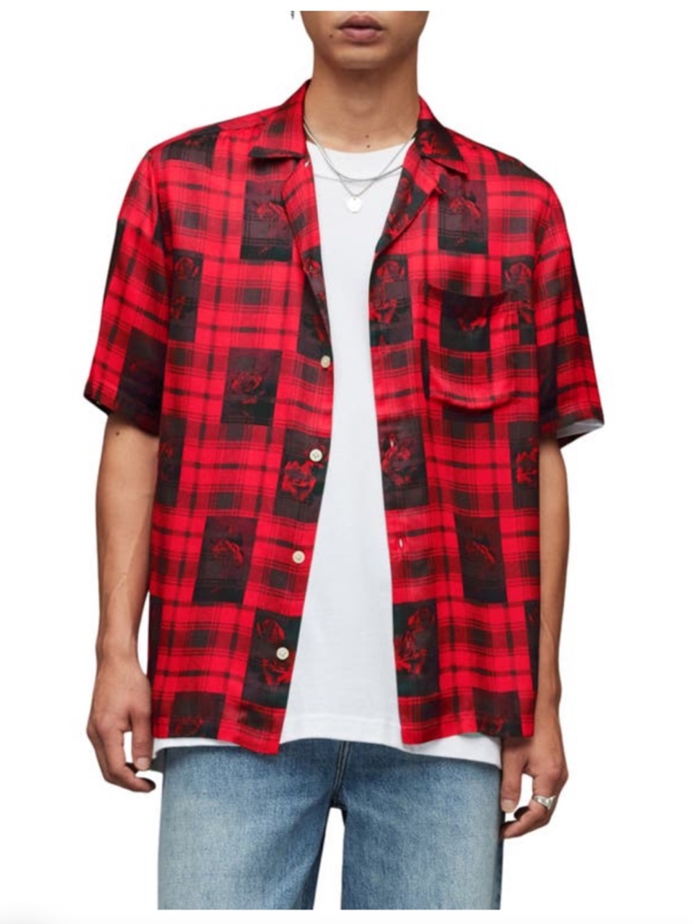 AllSaints Fritillaria Plaid Short Sleeve Button-Up Shirt in Vermillion Red